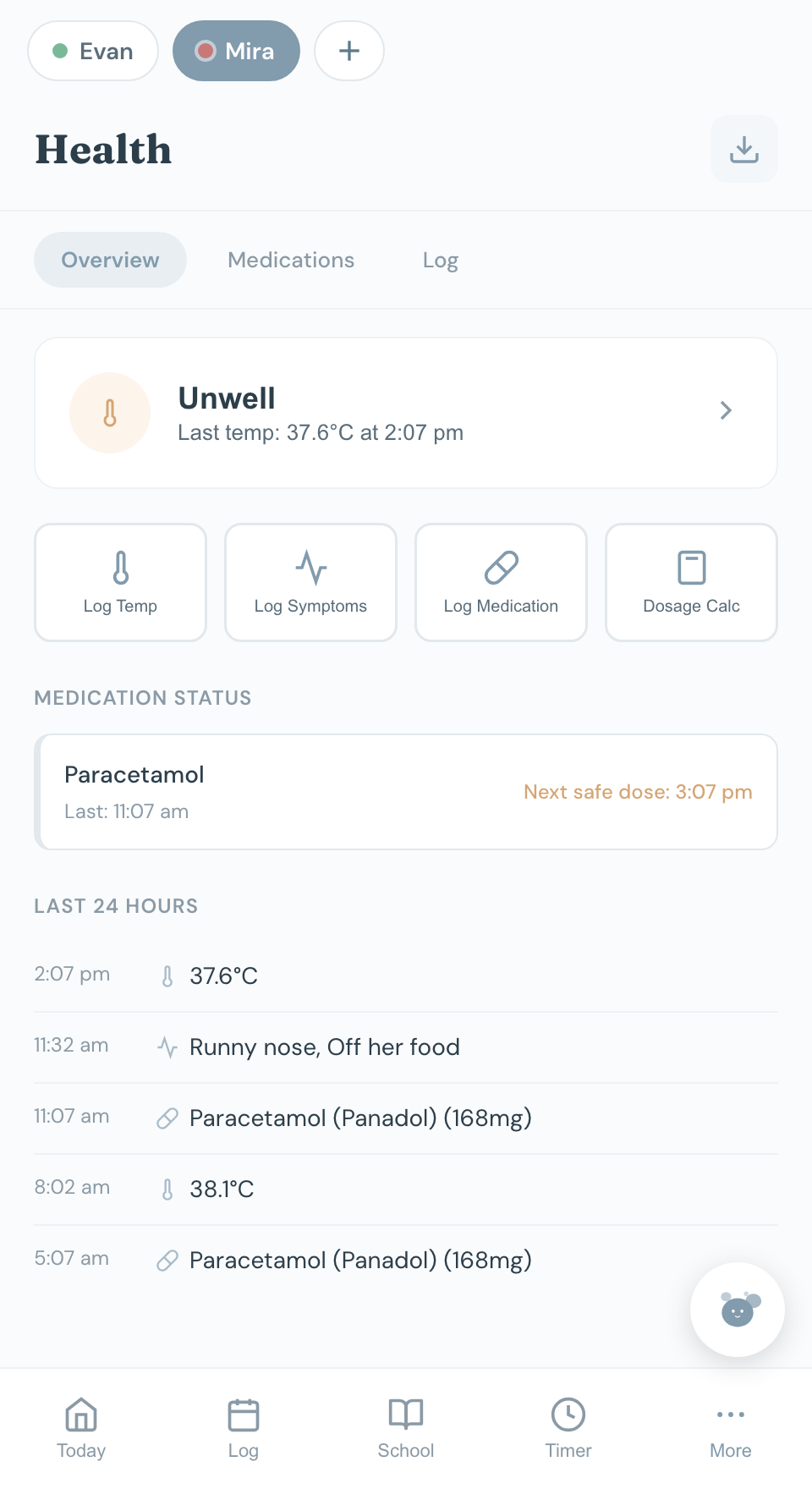 Chico's Health screen for an unwell child: last temperature 37.6 degrees, quick actions for logging temperature, symptoms and medication, and a 24-hour list of paracetamol doses and readings.