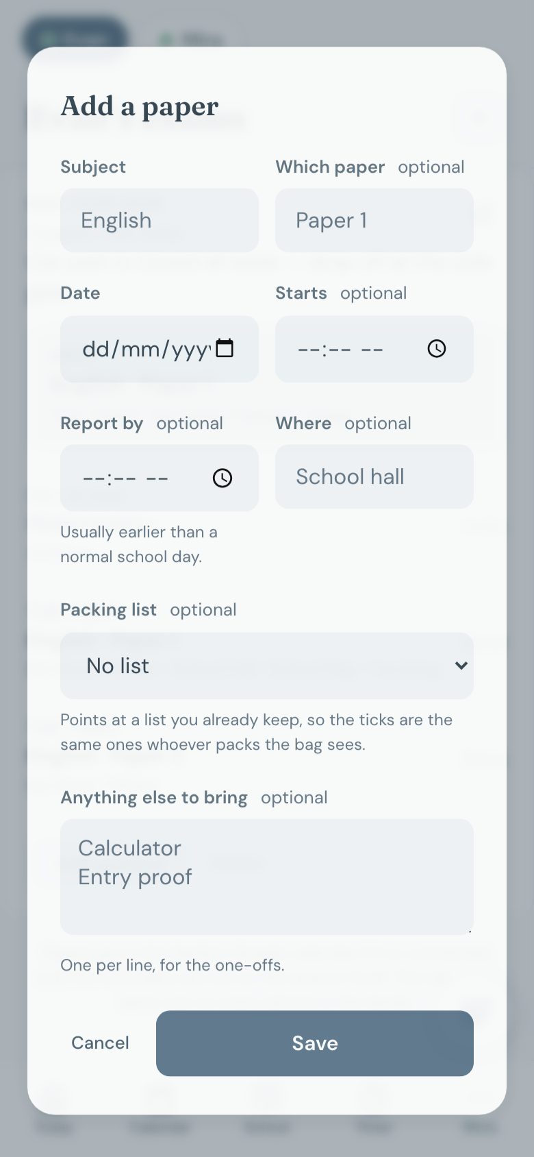 The Exams tab showing a season and its papers.