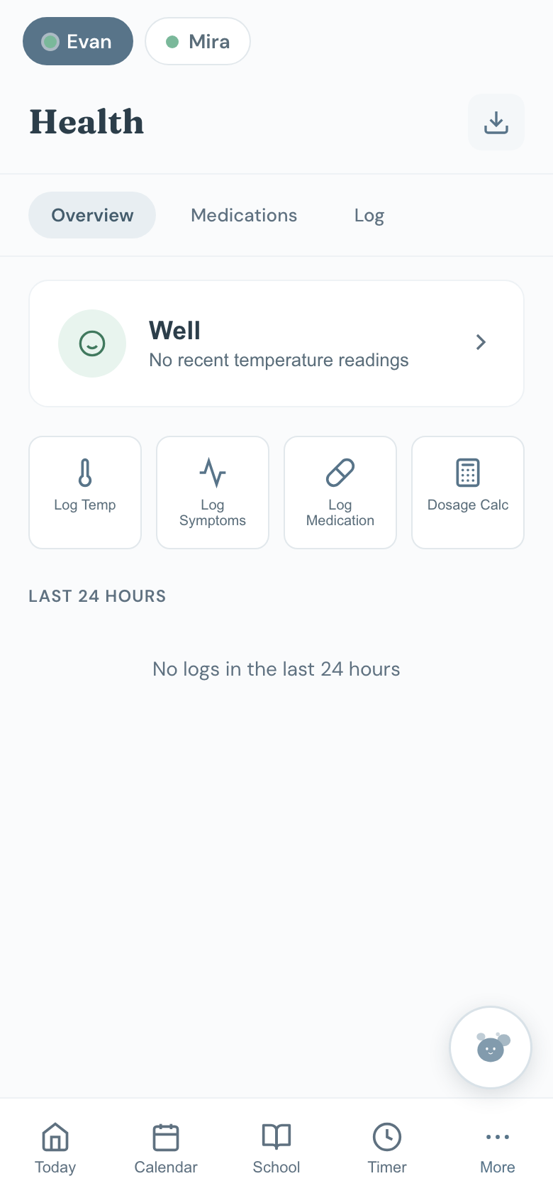 The Health tab with medicines and the last dose recorded.
