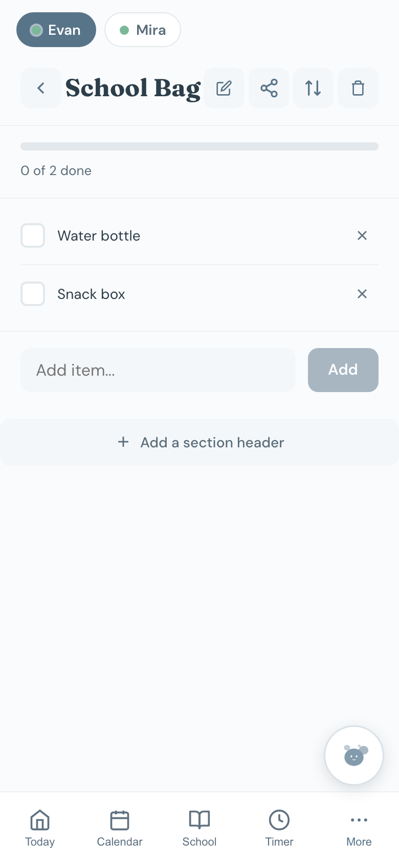 A list with sections and items to tick off.