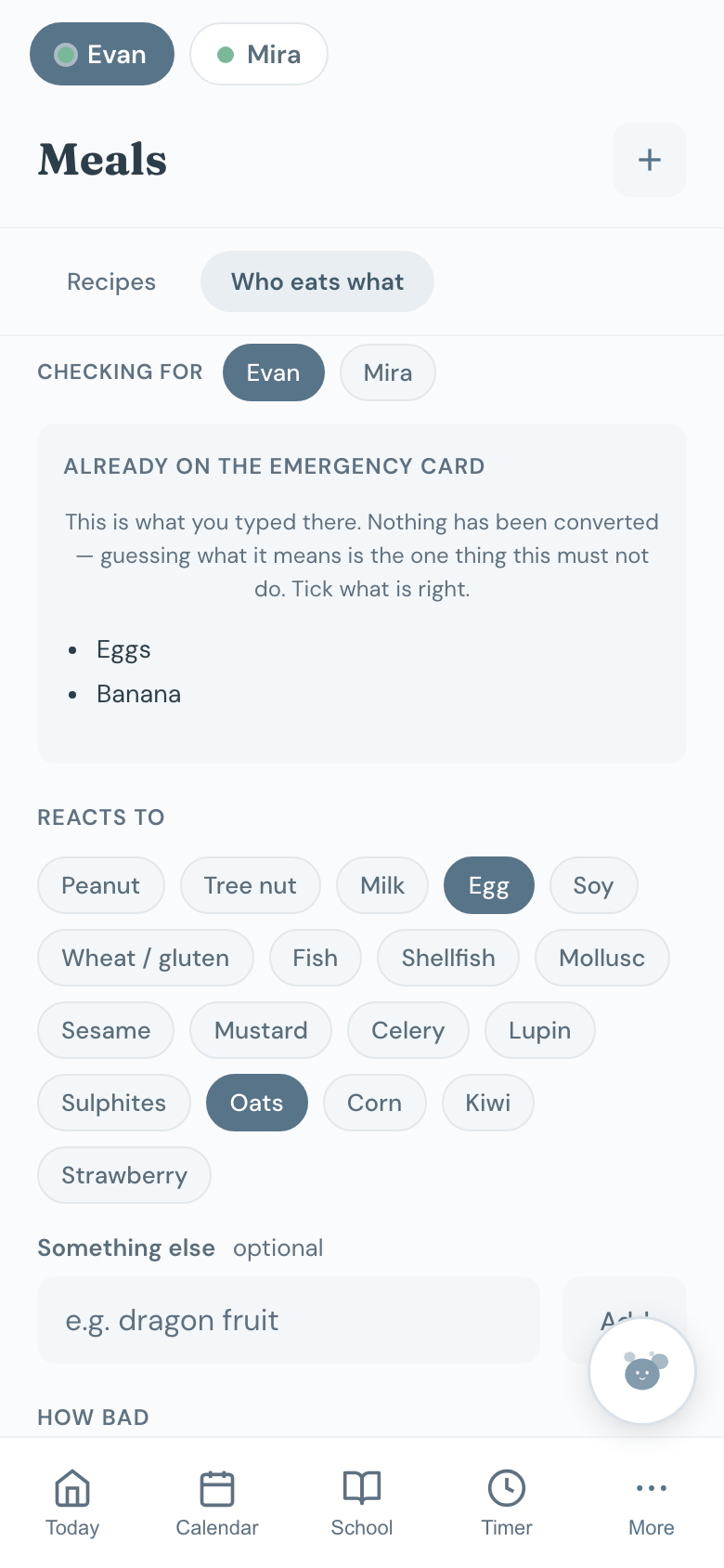 The allergen picker with severities and the emergency card list above it.
