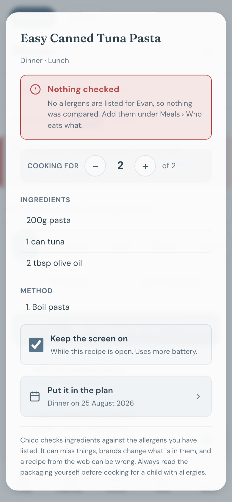 The Meals tab with recipes and prep times.