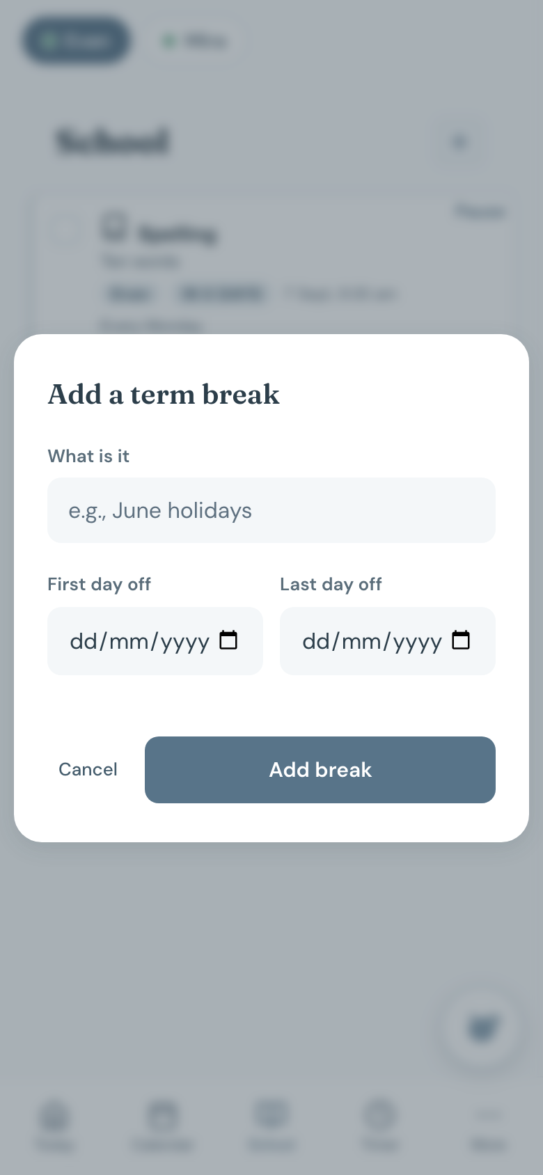 Adding a school item, with its type, date and reminders.