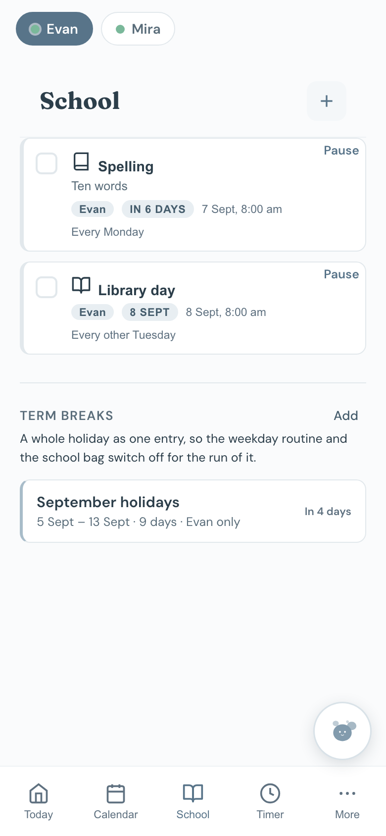 Term breaks under School, with a September holiday entered as one range.