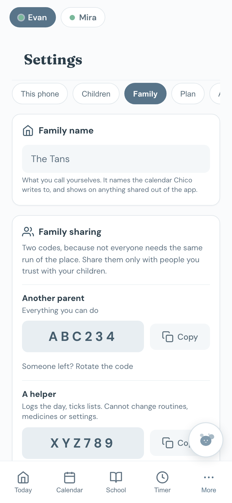 The Family section of Settings showing the invite codes and members.