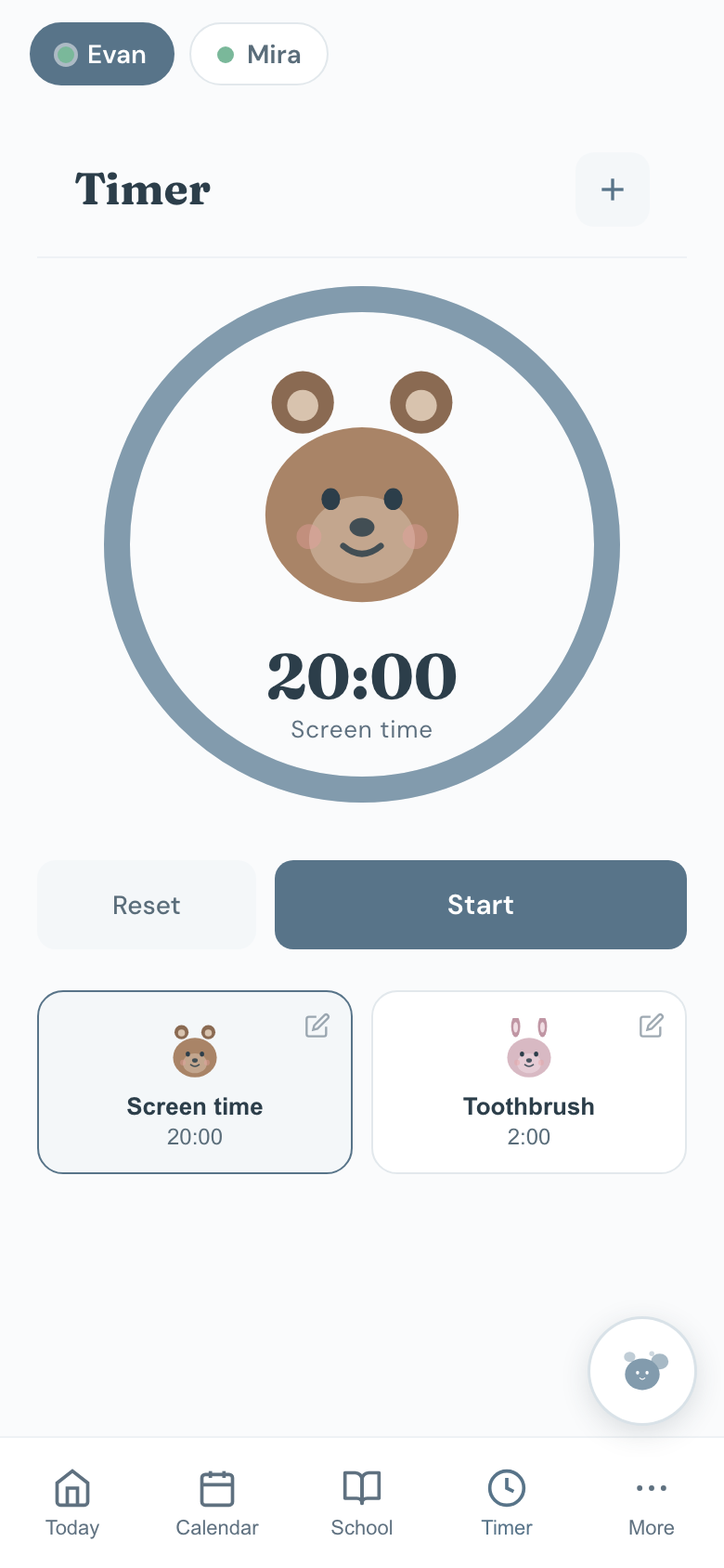The visual timer counting down with saved presets.