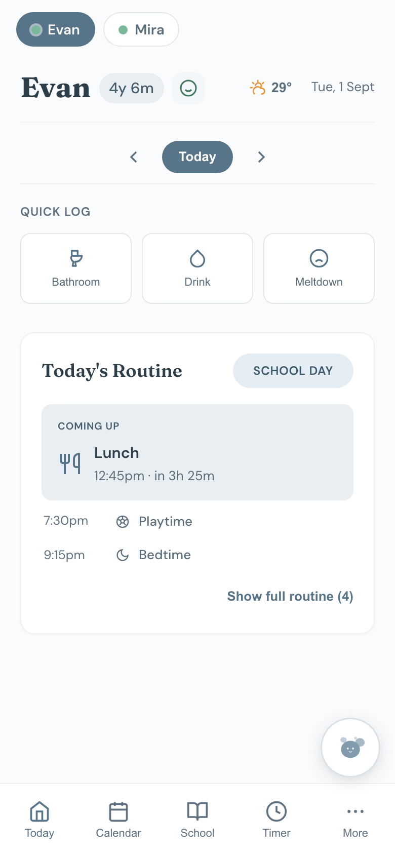 The Today screen with quick-log buttons and the routine.