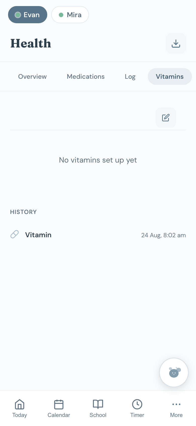 The Vitamins tab under Health, with the daily list.