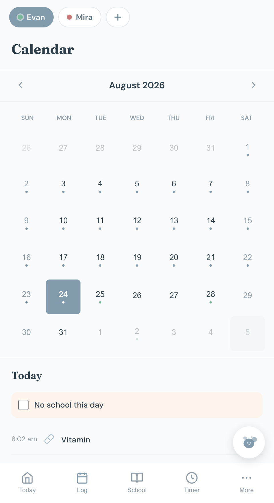 Chico's calendar for August with a dot on every logged day and green dots on the days that carry school items, and the selected day listed underneath.