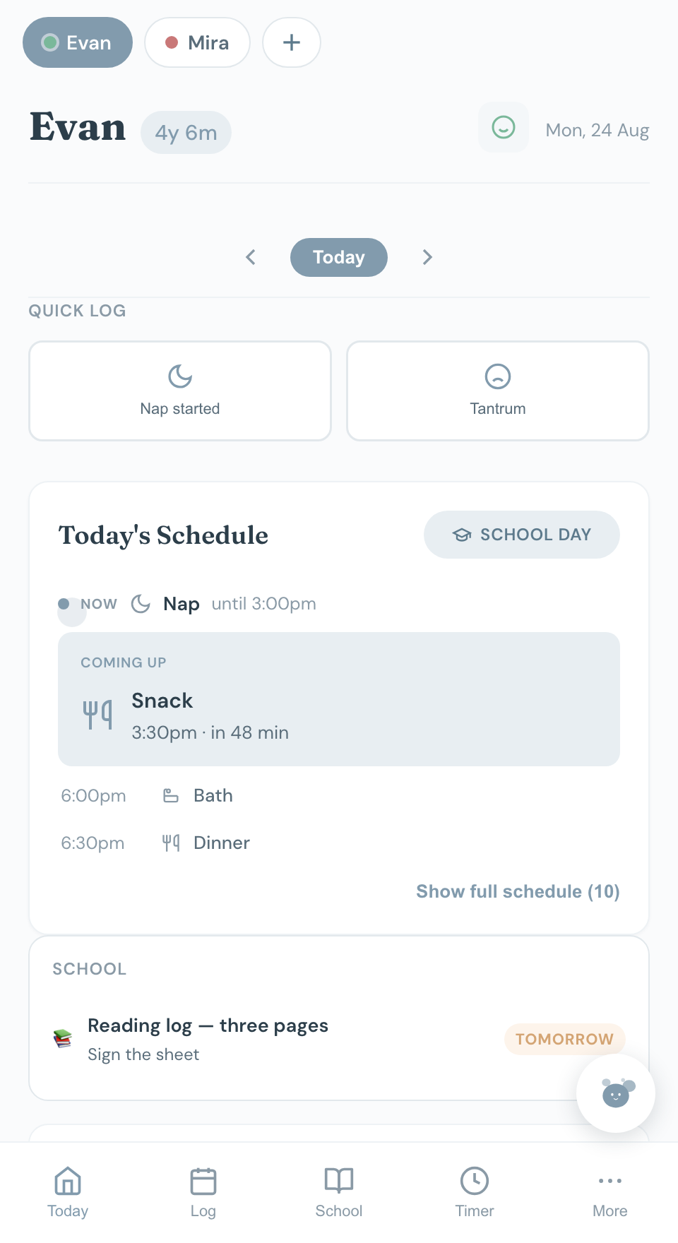 The Today screen in Chico: quick log buttons, the routine showing a nap running now, and a snack coming up in 48 minutes.